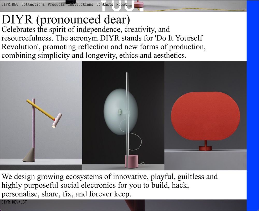 Three minimalist, abstract lamp designs on dark and neutral backdrops
Some text at the top text reads: DIYR (pronounced dear), celebrates independence and creativity. Below, it explains DIYR stands for Do It Yourself Revolution