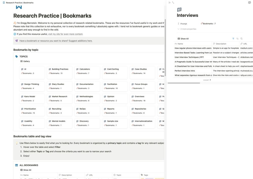Screenshot of the notion page with a topics presented into cards, and an example of an expended card with links to different resources around interviews