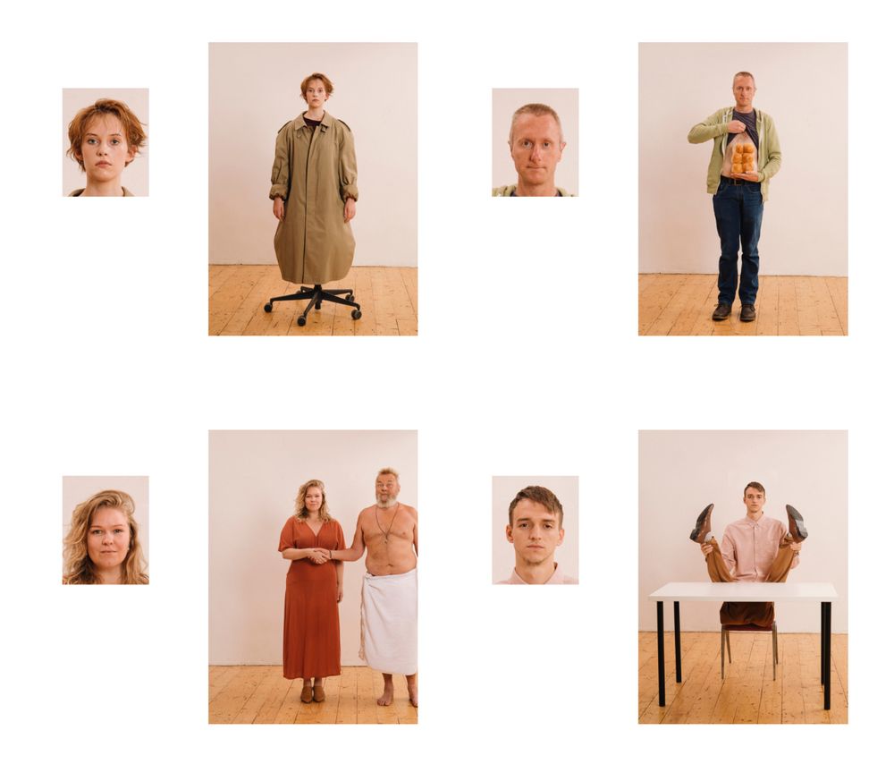 4 examples of 2 pictures of the same person. the first is a small passport headshot. The second is, the full photo, full body pose, from the same pose as the headshot. The second is humoristic absurd scenes:  a young woman with short hair in a khaki coat standing on an office chair, a man in jeans and a green jacket holding a bag of 8 bread under his shirt that look like abs, a woman in a red dress standing beside a shirtless man wrapped in a white towel, a man in a pink shirt sitting at a white table with his legs lifted over the tabletop.