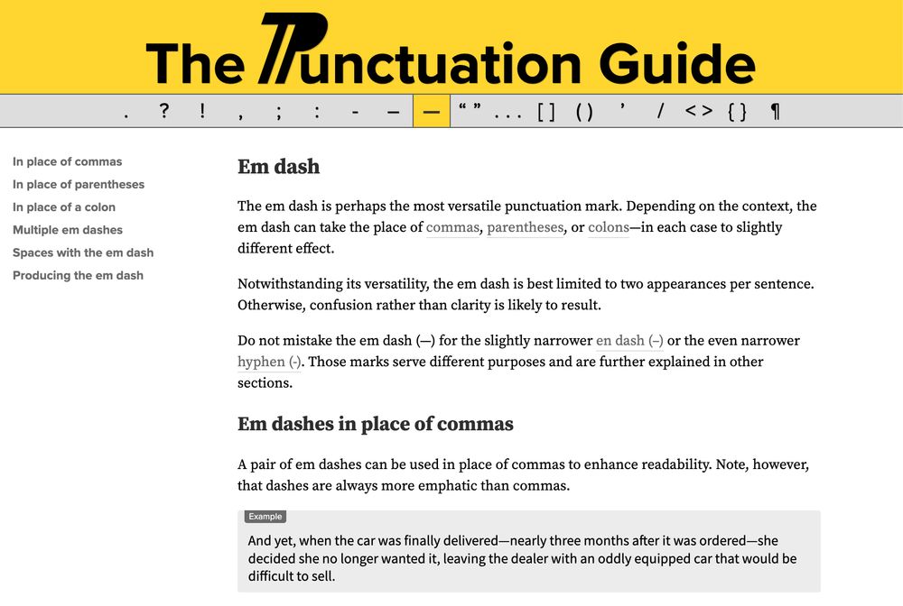 Screenshot of The Punctuation Guide explaining em dash usage with a text example showing em dashes replacing commas. Sidebar lists related topics like use in place of commas, parentheses, and colons.
