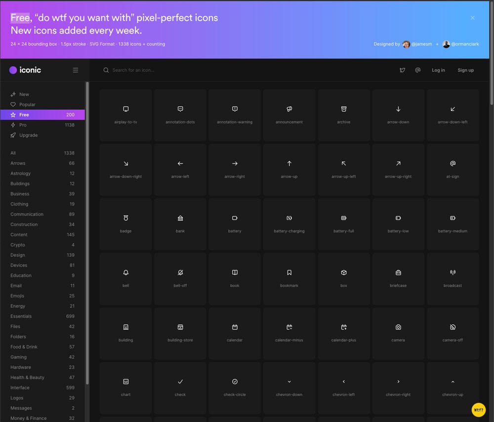 Screenshot of the resource with the tagline Free, “do wtf you want with” pixel-perfect icons, and a collection of 200 free icons, 1100+ pro ones, arranged in a grid
