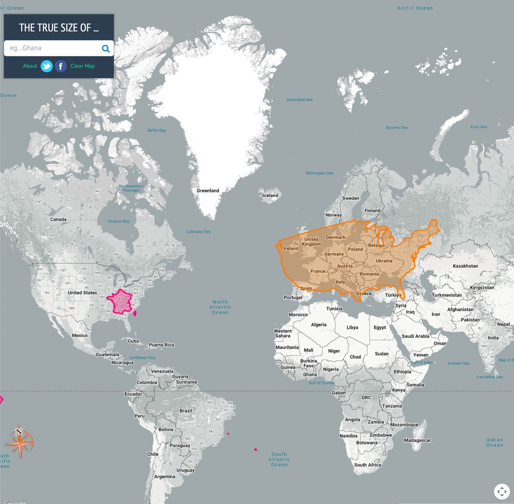 A world map illustrating the true size of countries. The United States, outlined in orange, is overlaid on Europe, showing its comparable size across multiple countries. France, outlined in pink, appears much smaller and is placed over the southeastern U.S. The map highlights distortions in the Mercator projection.