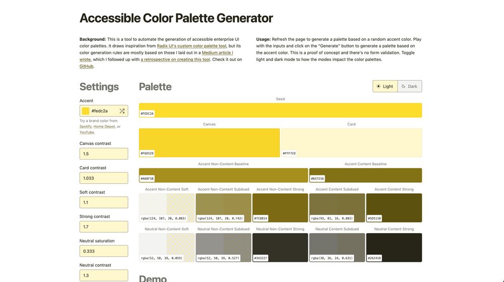 Screenshot of the "Accessible Color Palette Generator" tool interface. It shows settings on the left to adjust contrast and saturation, with an accent color set to yellow. The right side displays the generated palette, including various shades and their hex codes for canvas and accent baseline. 