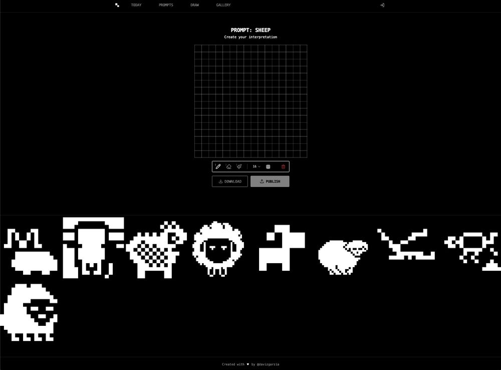 a square grid to draw pixel art in white on a dark background, for the prompt Sheep. Some examples of other sheep pixel art drawings are shown at the bottom of the page