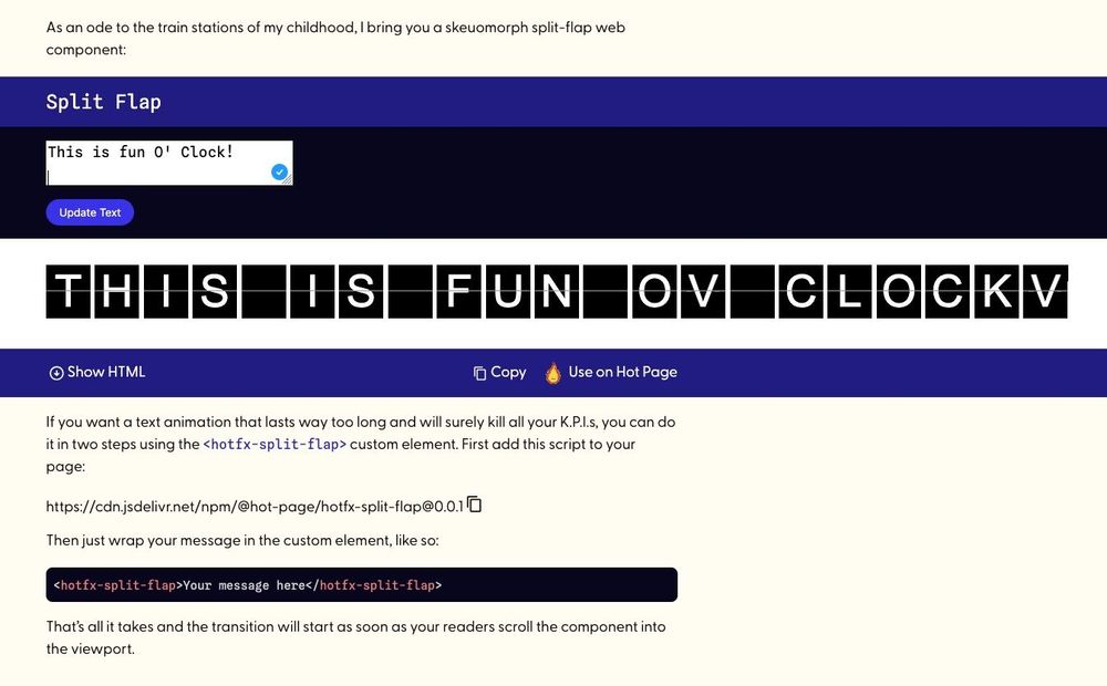 Screenshot of a web interface for a skeuomorphic split-flap text animation component. A text box shows the message “This is fun O’ Clock!” with a button labeled Update Text. Below, the animated split-flap currently displays “THIS IS FUN OV CLOCKV” in white letters on black flip panels. 