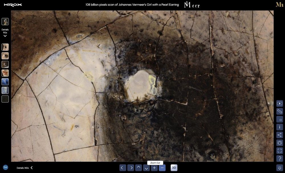 High-resolution digital scan of Vermeer’s painting Girl with a Pearl Earring, showing ultra-detailed textures and brushstrokes and cracks on her left eye, with interactive zoom and partial 3D visualization options.