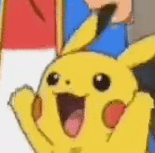 a close up of a cartoon pikachu with its mouth open and arms outstretched .