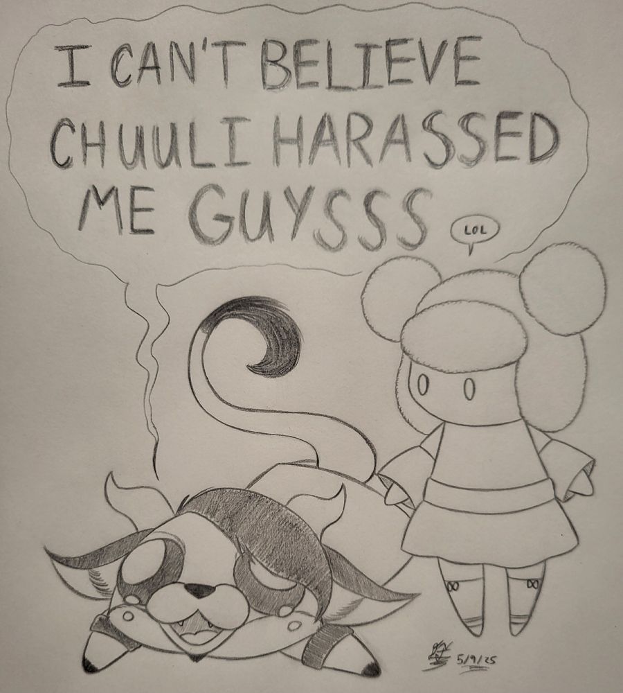 Kayden Monroe (the red and black imp cat creature on the left), splayed on the floor lamenting, "I CAN'T BELIEVE CHUULI HARASSED ME, GUYSSS" while Chuuli (the pink haired individual on the right) simply responds, "LOL".