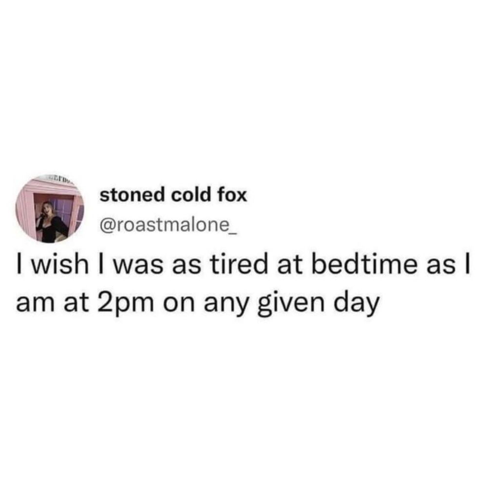 It's a screengrab of a twitter post from "stoned cold fox" @roastmalone_ that says, "I wish I was as tired at bedtime as I am at 2pm on any given day".