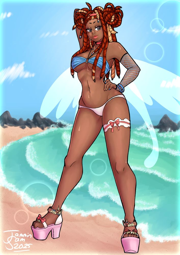 Illustration of the commissioner's character, Onyeka, wearing a two piece swimsuit; the top is blue, and the bottoms are white. Also featured is a single blue fishnet glove and a pair of platform sandles, decorated with many cute animal mascots. 