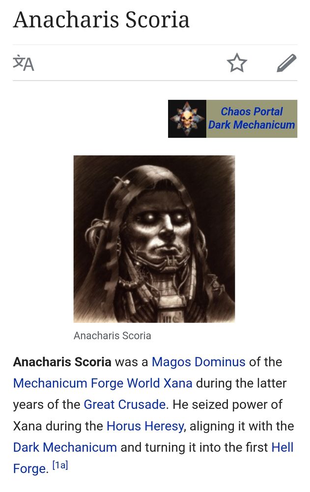 A screenshot of the lexicanum page of Anacharis Scoria. In the center, sepia-toned illustration of Anacharis Scoria, a cybernetically enhanced figure with glowing eyes and mechanical facial components. He wears a hood and cables are attached to his body.