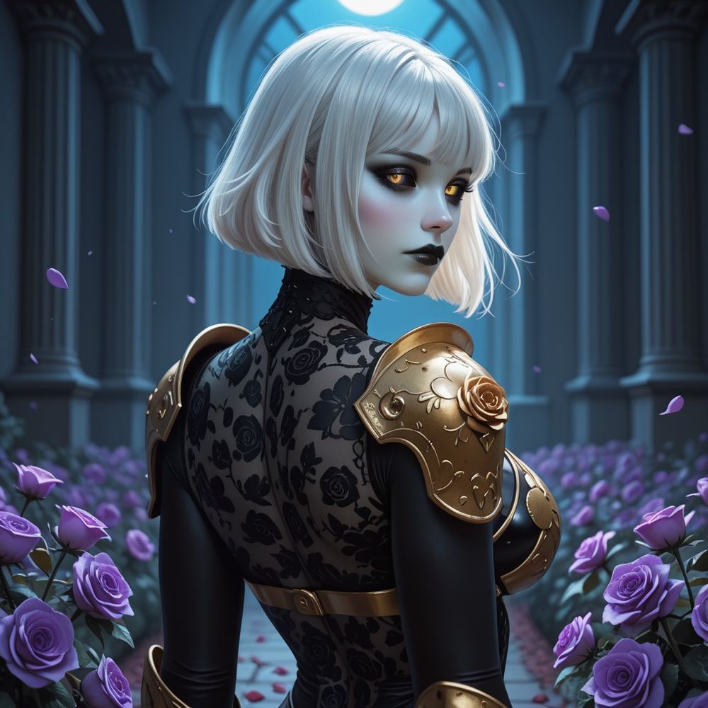 Astarti in gold armor and purple roses