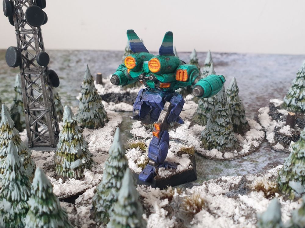 The same scene viewed from behind, showing the mech's rear engines and thrusters, painted a bright orangey-yellow to suggest heat glow.