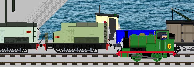 At Knapford Harbour, G.W Rem (a connected green diesel duo) are shunting some rolling stock, one including a newer troublesome truck called Houston. They ask Percy about his origins, which leaves his face turning a bit blue from being nervous and cheekily avoiding the questions. G.W Rem and Houston were left a whole ton of annoyance and confusion while Bulstrode is in the background, listening to the conversation.