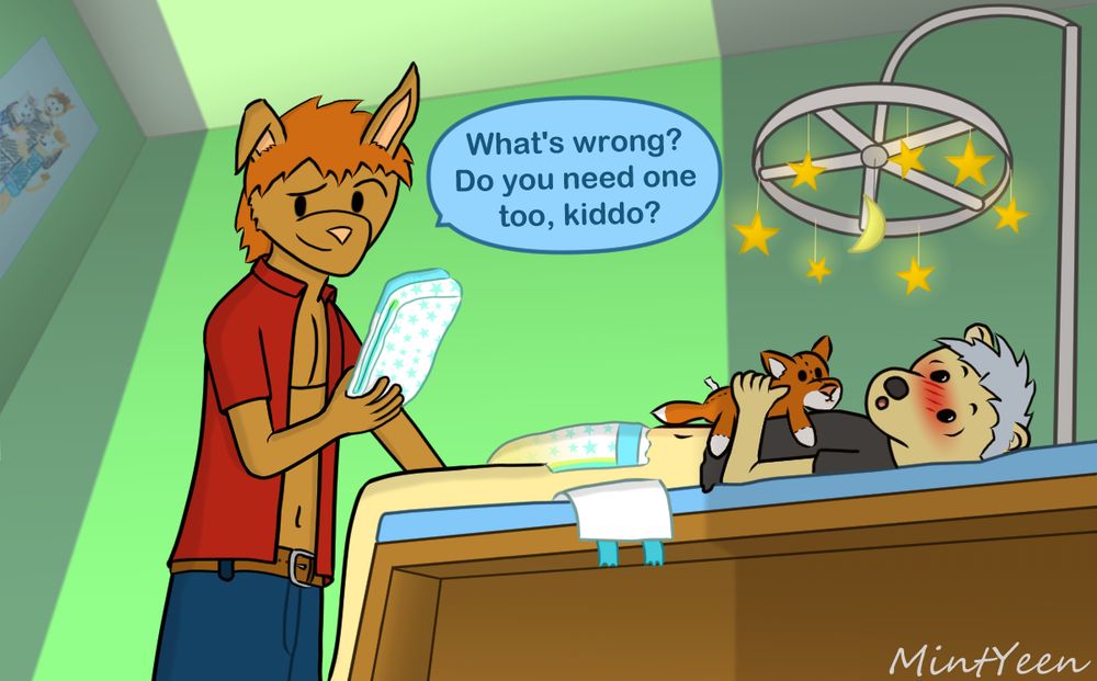 Digital furry drawing of a rabbit in the middle of changing a polar bear laying down on a changing table. Both are looking outwards, the bear with an embarrassed expression, the rabbit with an amused look and a raised eyebrow, a diaper in his hand, and his speech bubble reads: "What's wrong? Do you need one too, kiddo?"