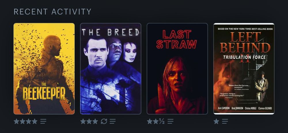 Posters for the last 4 movies I watched: The Beekeeper, The Breed, Last Straw, Left Behind 2