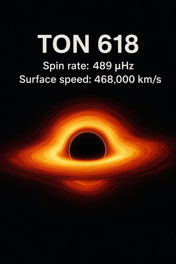 TON 618 spin rate is 489 microHertz, surface speed is 468,000 km per second.