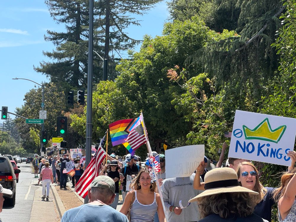 Photo of a lot of people marching on the sidewalk carrying American flags, the pride flags, and signs including “no kings”