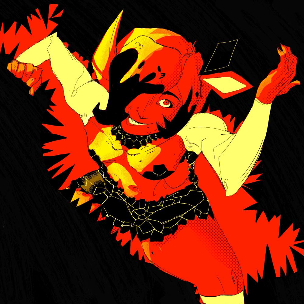 creepy image of a woman climbing out a pointed cave opening. she has a scary, wide-eyed smile, looking at the top right corner of the image. she is wearing a revealing outfit and has a large bow in her hair. she has large, sharp hyena ears as well. the cave opening is subtly shaped like a meat emoji. the only colors of the image are black, red, and yellow.