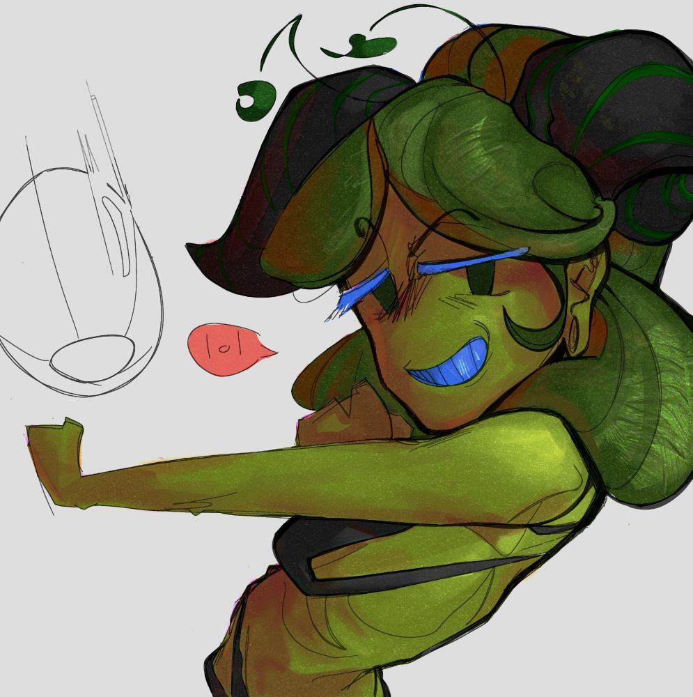 drawing of matcha cookie from cookie run in a bikini at the beach looking mischievous and about to miss hitting the volleyball