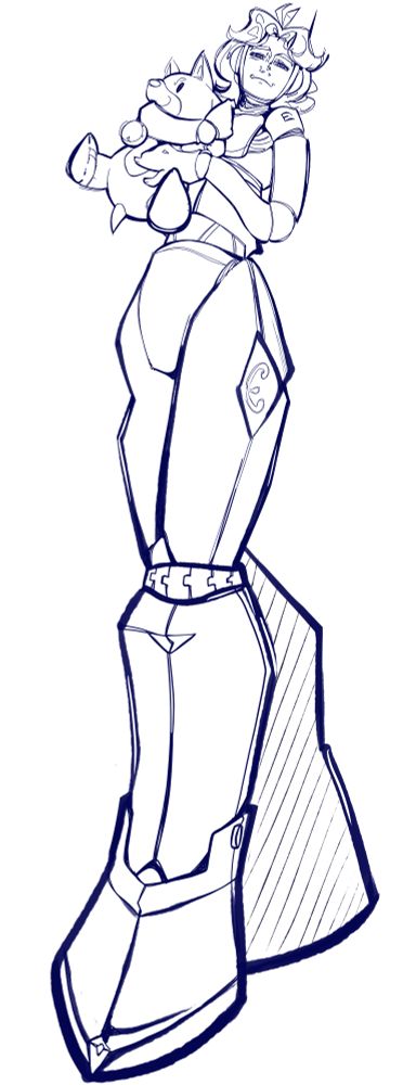 full body version of the drawing. not much to say about it other than her body is robotic and a mix of round and angular. it is drawn from a low angle
