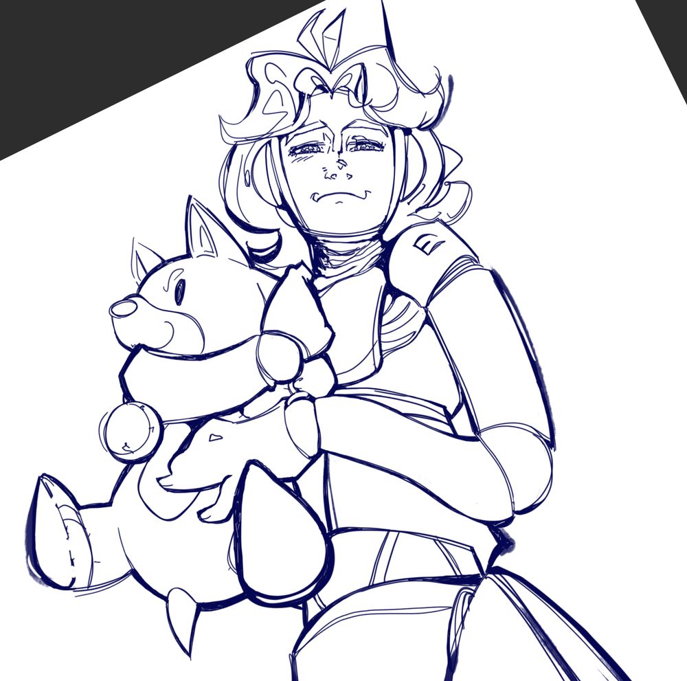 a robot girl with short middle-parted hair holding a sonic plushie and smiling warmly. she has headphones as ears and a pointy antennae. 