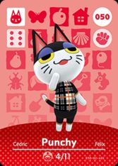 amiibo card of punchy from animal crossing looking up at the sky absent-mindedly while smiling. he is a black and white cat with a plaid shirt and half-lidded derpy eyes