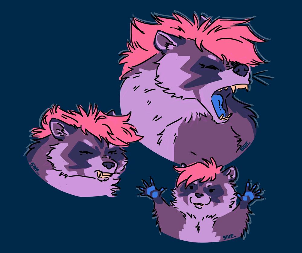 Various drawings of a purple raccoon with pink hair.