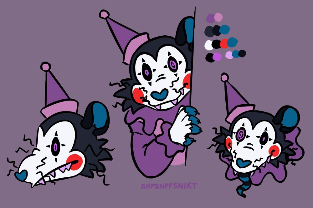 Various drawings of an opossum dressed as a clown with clown make-up. There are two headshot drawings and one drawing of him peeking around a corner.