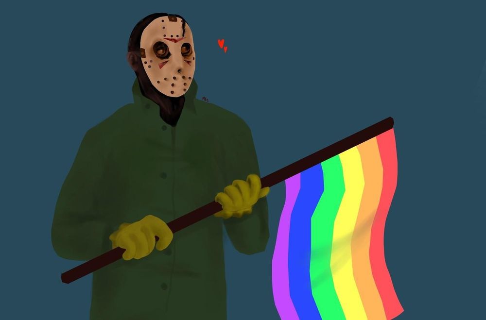 A drawing of Jason voorhees holding a pride flag 