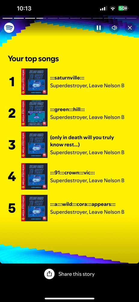 Screenshot from a Spotify Wrapped list of top songs. 

All songs come from the Album Nelson Comes To Visit from Superdestroyer and Leave Nelson B. 
1. Saturville
2 green hill 
3 only in death will you truly know rest
4 91 crown Vic
5 a wild Cora appears