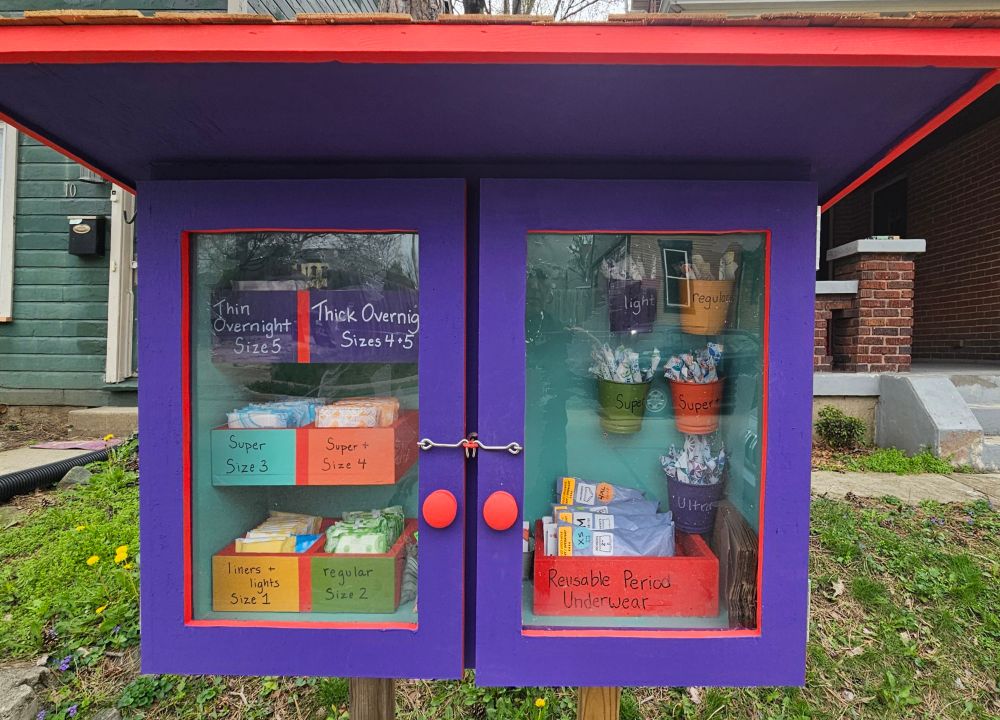 Outdoor cupboard containing various free period products like pads and tampons. The cupboard has been stocked by community members and is sitting at the edge of a front yard on a residential street. It has glass panel doors and is painted bright purple and red for high visibility. 