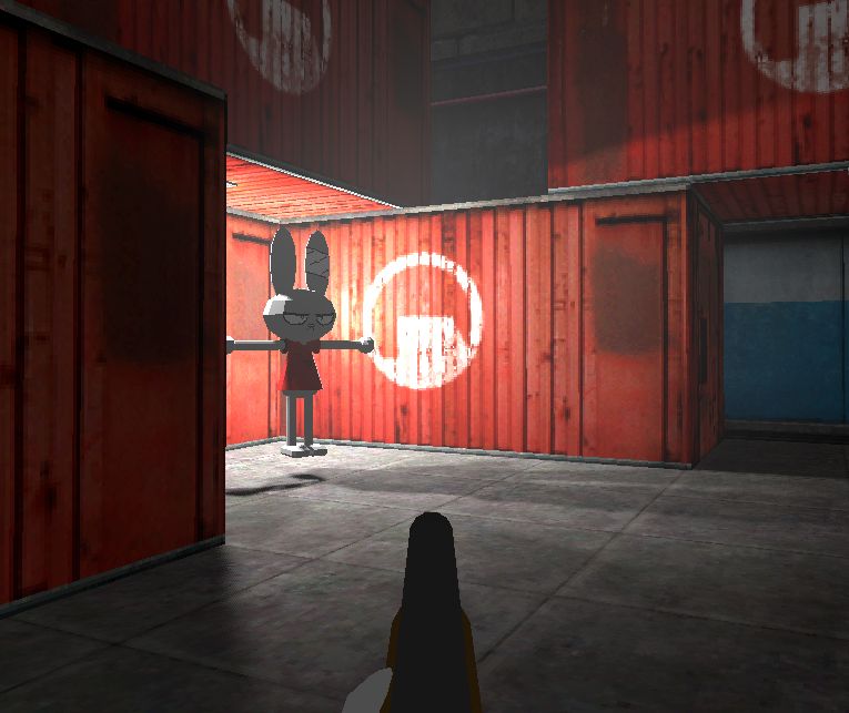 A zoomed in first person view of the character "The Bunnyhopper" eerily floating behind some lights with volumetric fog turned on in the Half-Life map "Taubase" made by my friend.