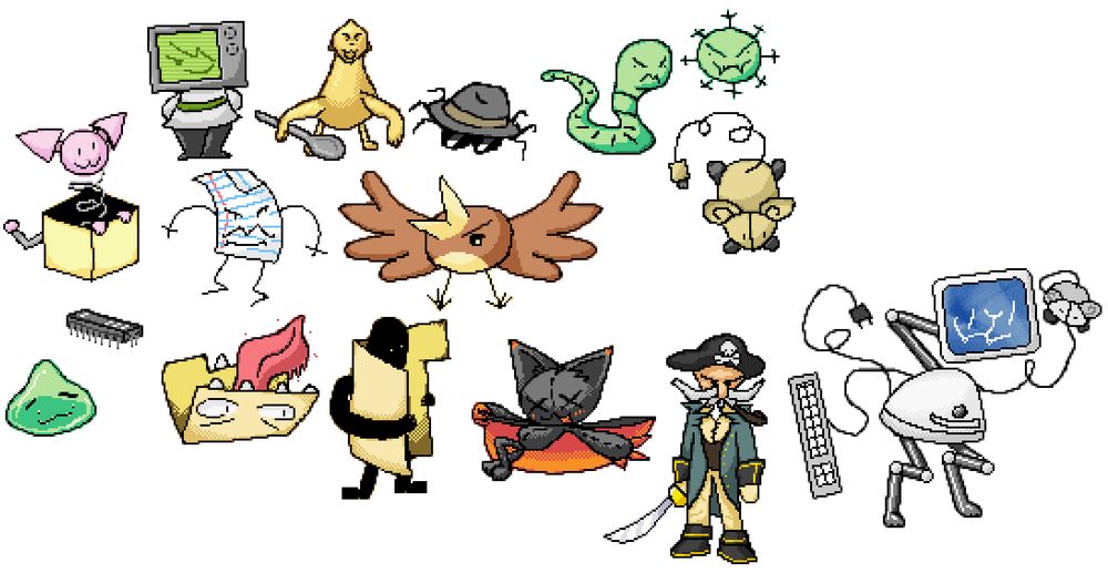 16 enemies drawn in a Gameboy Advance Pokemon game inspired artstyle. The names of the enemies in order (top left, column by column) is Jackcat, Chippin, a Slime, SinesTV, Noteriety, Mimicfile, Spougar, Bord, Tumnail, Incogito, Hallowbat, Worme, The Cap'n, Vibro, Mausie, and finally Sunflower.