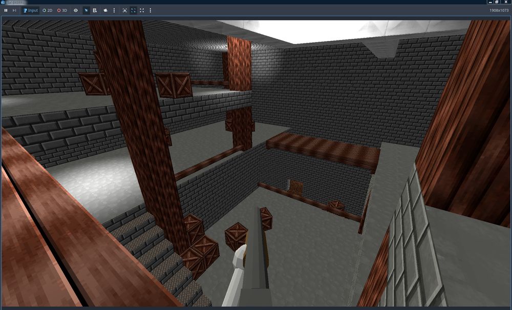 A first person view of a map I made for Half-Life, a closed off brick and wood filled area for deathmatch called grimtest, ported into Godot for a game I'm working on called Bad Hare Day.
