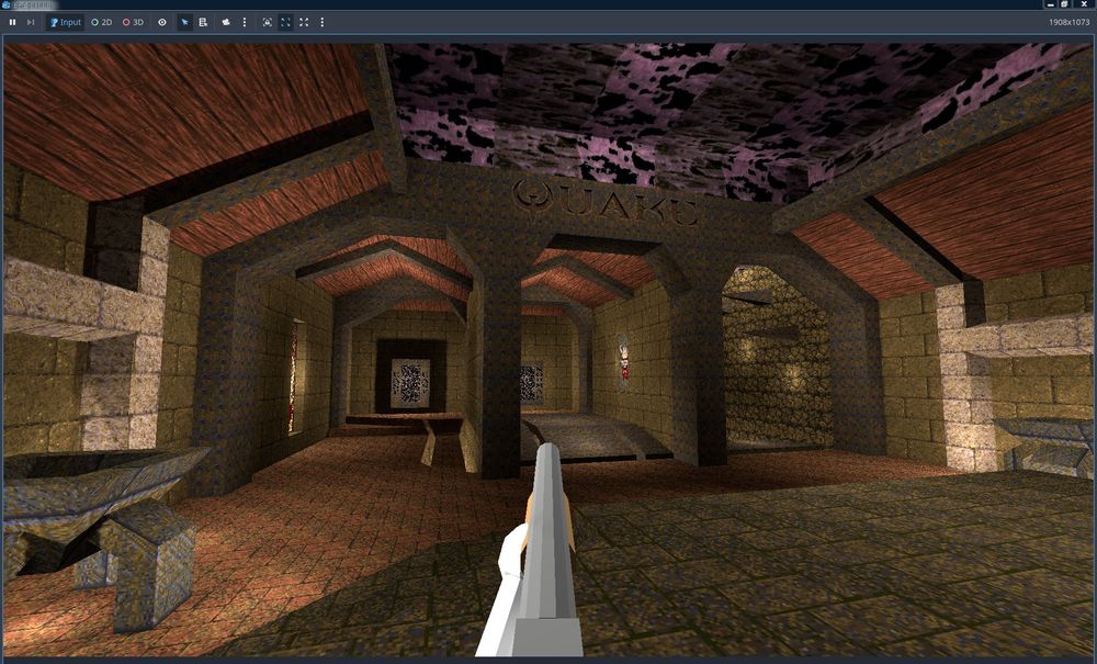A first person view of the starting map from Quake ported into the game I'm working on.