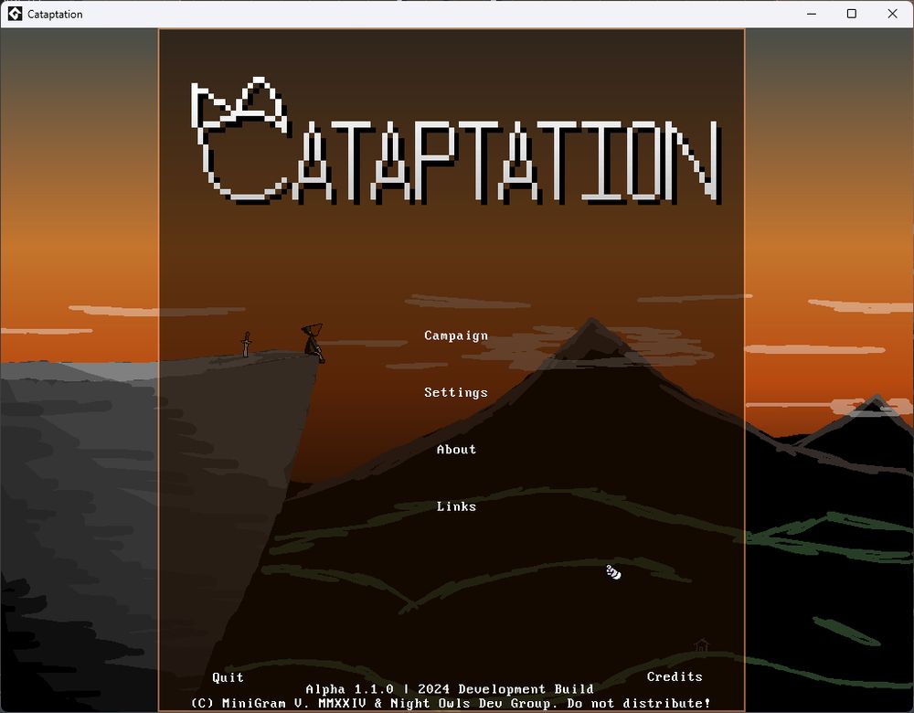 The title screen of an in development indie game called "Cataptation" by MiniGram V. and Night Owls Developer Group.