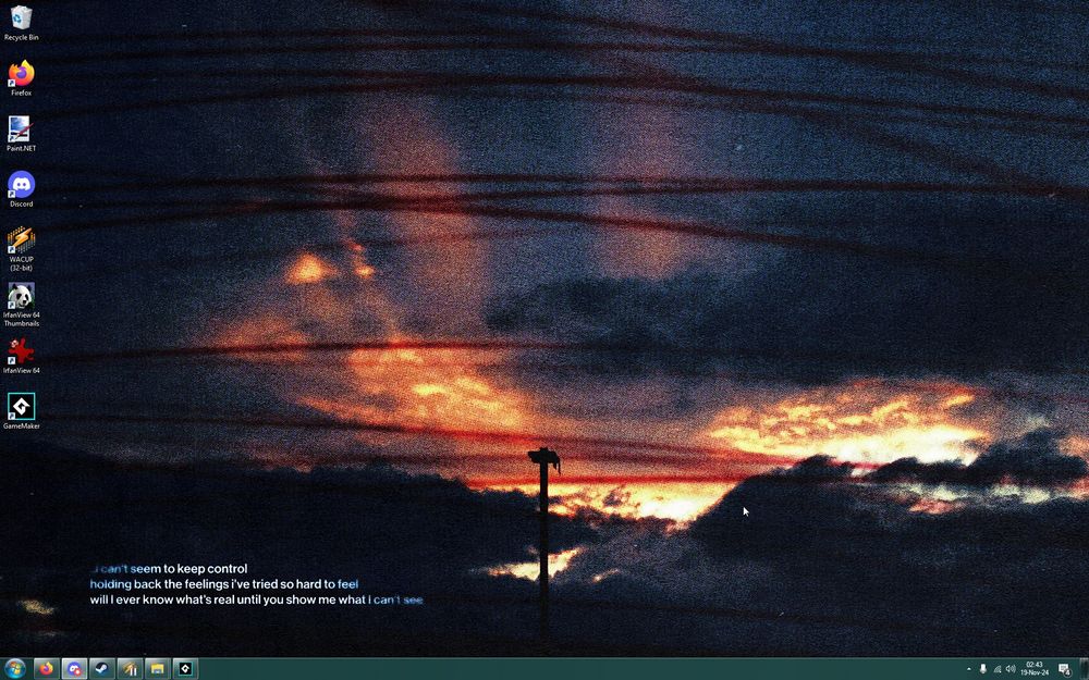 The desktop of my Windows 10 IoT LTSC 2021 install with a teal Windows 7 Aero theme (Aero11 by SimplexDesigns on wincustomize.com) completed with a piece of art created by @/inlinesix.art as the desktop wallpaper.