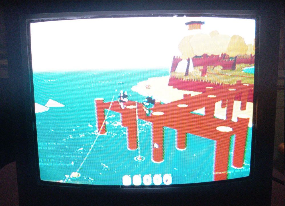 The game "WEBFISHING" by @/westthewerst(lamedeveloper.itch.io) being displayed on a 1997 Sony Trinitron KV-13M20 at 640i, complete with overscan and NTSC composite filtering.