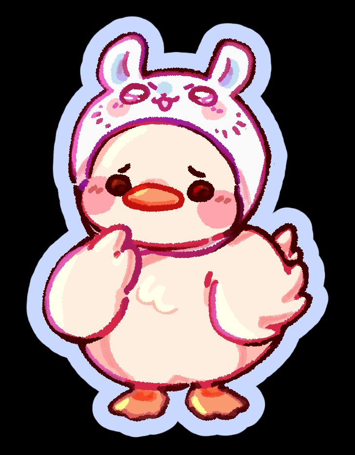 A small white duck wearing a hat in the shape of Momonga from Chiikawa