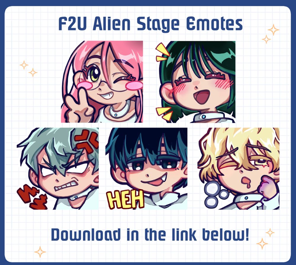On a white gridded background are 5 emotes of Alien Stage characters. From left to right, top to bottom: 
- Mizi doing a peace sign as she winks at the camera
- Sua laughing cheerfully
- Till angrilly scowling at the camera
- Ivan smirking with a large "Heh"
- Sleepy Luka scratches his chin

Hyuna isn't there cause I ran out of time to finish "Hyuna holding a gun" 