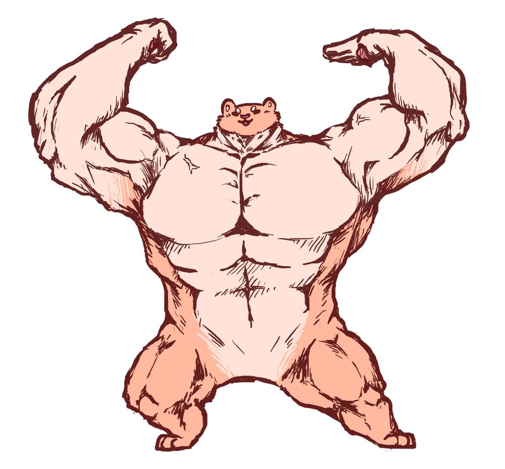 An extremely muscular dog, flexing it's biceps as it stands on its hind paws. An extremely tiny head is left unaffected by the muscle-ification