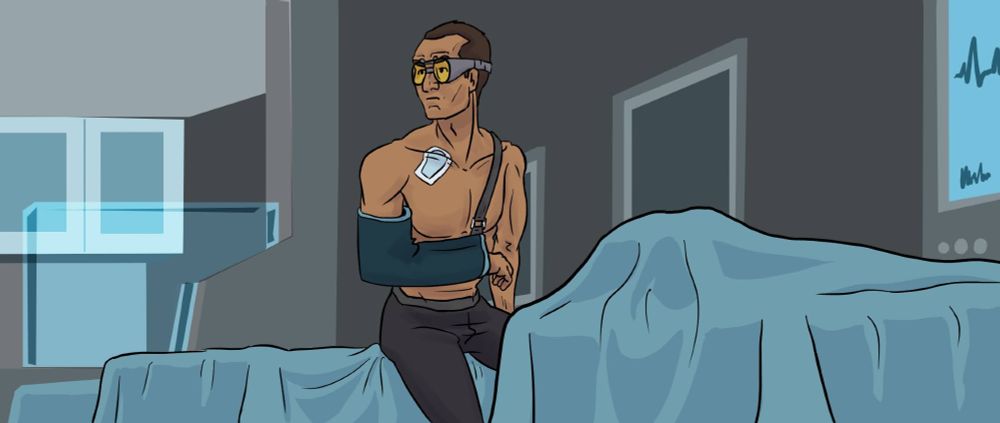Tech sitting on a medical bed and looking around the infirmary.