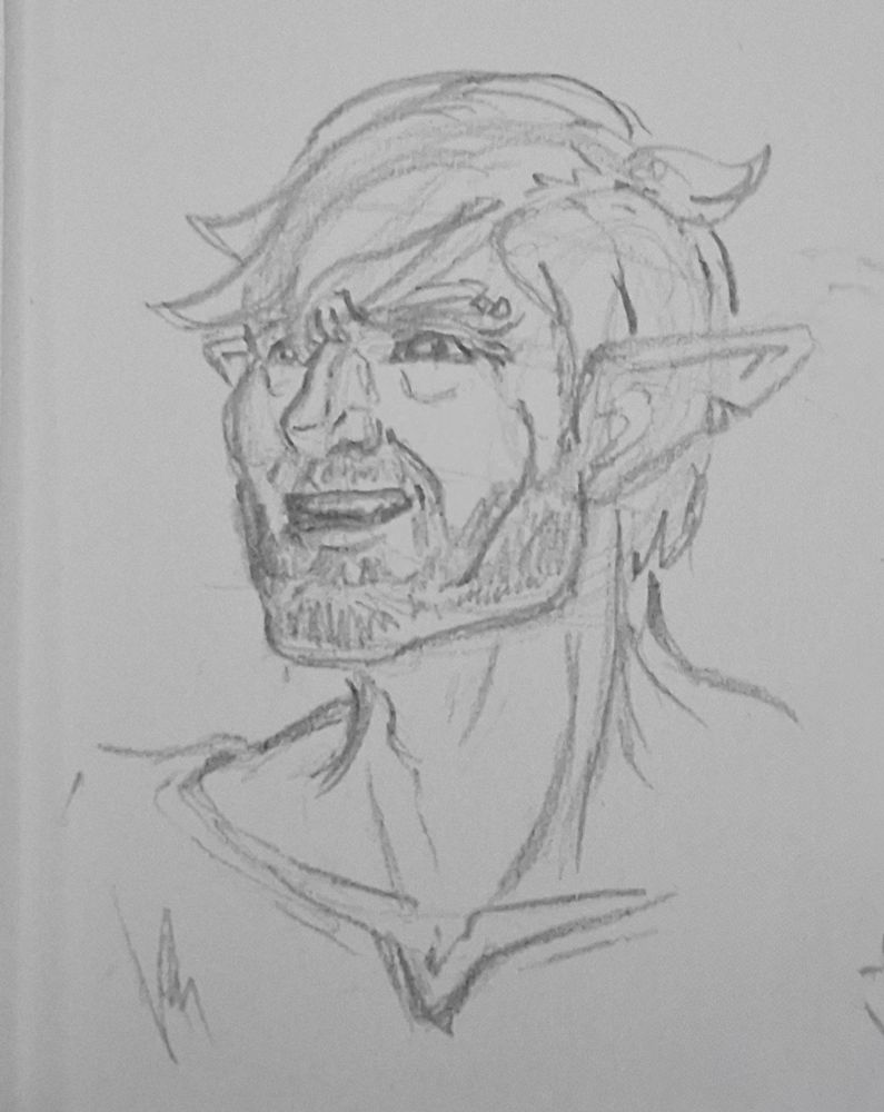 Pencil drawing of Hodari speaking to someone off-camera.