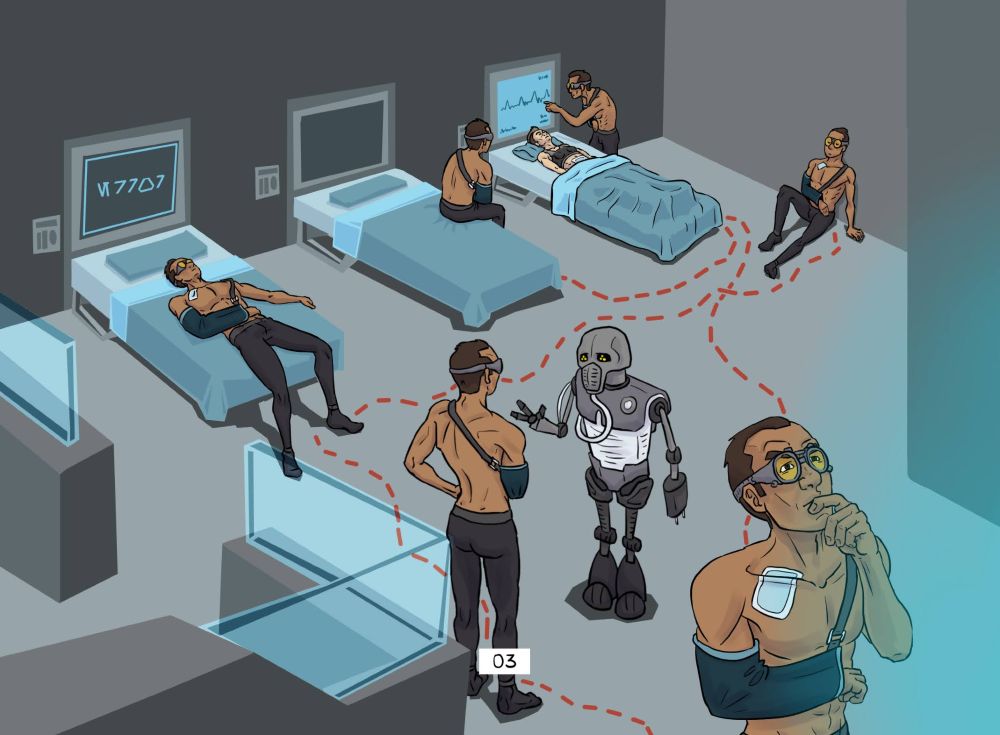 Tech moving around the infirmary doing various actions to pass the time while he waits for Ordeyn to wake up.