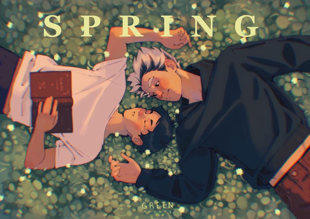 1/4 postal cards I am designing themed around each season of the year, this one features bokuto and akaashi from haikyuu laying on a field of wild flowers. 