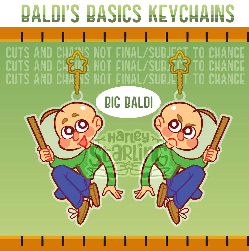 HEADER TEXT: "Baldi's Basics Keychains".

IMAGES: The front and back of a larger Baldi keychain with a gold star chain. The front features Baldi smiling, while the back features him angry.

MIDDLE TEXT: "Cuts and chains not final/subject to change." repeated three times.