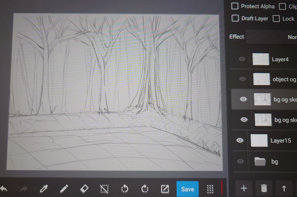 A screenshot of a work in progress drawing showing some very scribbly trees