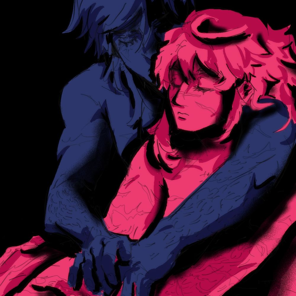 An image of Kaeya and Diluc from Genshin Impact. It is an homage to the album cover, "Who Really Cares", by TV Girl. Kaeya is depicted in blue, whereas Diluc is pink. Kaeya has his eyes closed and pressed to the side of Diluc's head, with his arms wrapping around Diluc. Diluc has his eyes closed as well, hands resting on her knees. They both wear a neutrally calm expression. Diluc is depicted with a number of burn scars on his body and regular scars on his face.