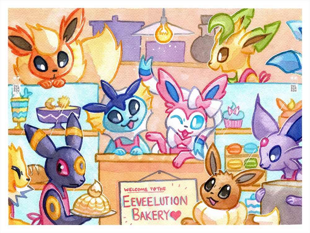 A watercolor painting of all of Eevee's evolutions in a bakery. From left to right: Flareon is peeking over the pastry case, Jolteon is laughing from off camera, Umbreon is carrying an Eevee-themed pudding, Vaporeon is smiling at the counter, Sylveon is next to her at the counter winking, Eevee is in front of the counter looking towards the viewer, Leafeon is behind the pastry case laughing at Flareon, Espeon is carrying a box into the room, and Glaceon's tail can be spied from off camera. Lots of pastries line the glass cases.